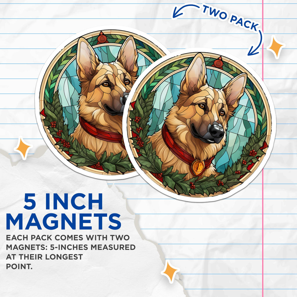 (2 Pack) German Shepherd Stained Glass Magnets - Christmas Dog Decor - Pet Lover Home Accents - 5 Inches On Longest Side - Thick Durable Magnet - Made in USA - MAG29137