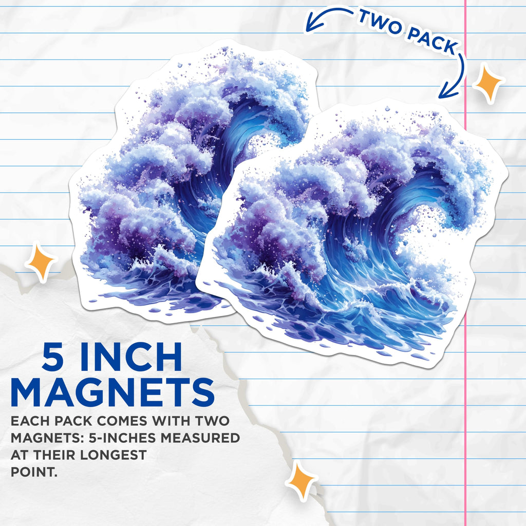 (2 Pack) Crashing Ocean Wave Magnets - Dynamic Blue Sea Wave Art - Coastal Fridge Locker Decor - 5 Inches On Longest Side - Thick Durable Magnet - Made in USA - MAG26135