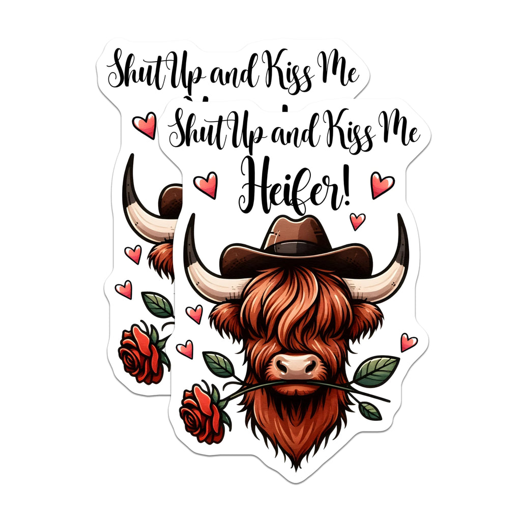 (2 Pack) Funny Highland Cow Stickers - Shut Up and Kiss Me Heifer Decal - Cute Animal Stickers - 5" On Longest Side - Sticks to Any Smooth Flat Surface - Made in USA - BMCS3154