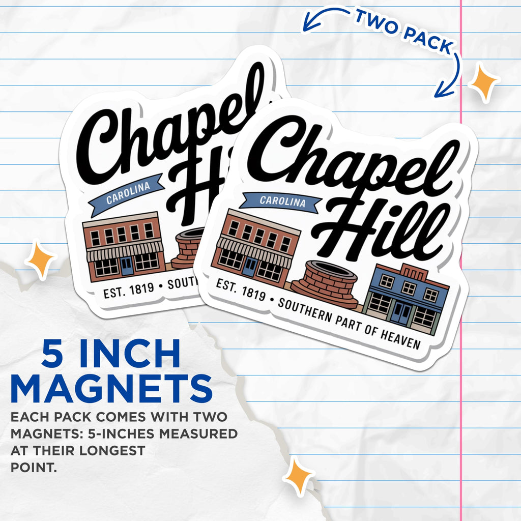 (2 Pack) Chapel Hill Magnets - North Carolina Souvenir - UNC Tar Heels Fridge Decor - 5" On Longest Side - Premium Magnet - for Cars, Refrigerators, Toolboxes, Lockers - Made in USA - MAG18741