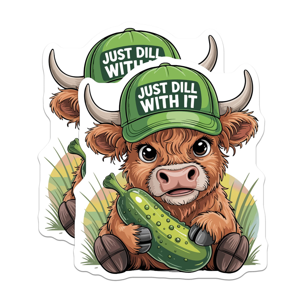 (2 Pack) Highland Cow Magnets - Just Dill with It Humorous Pickle - Farm Animal Refrigerator Locker Decor - 5 Inches On Longest Side - Thick Durable Magnet - Made in USA - MAG20749