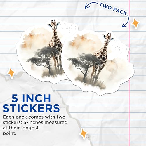 (2 Pack) Giraffe Wildlife Stickers - Animal Art Stickers - Nature Themed Decals - 5" On Longest Side - Sticks to Smooth Flat Surfaces - Made in USA - BMCS3807