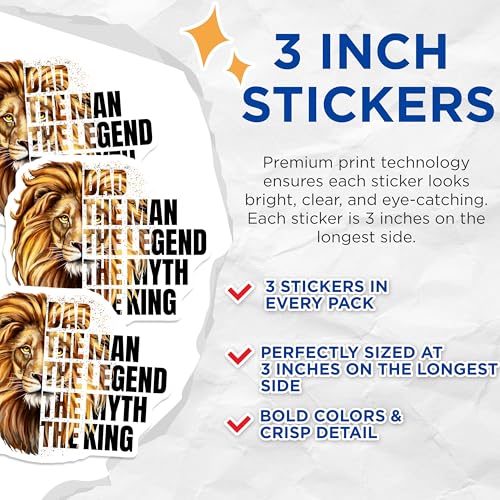 (3 Pack) Lion Dad Decals - The Man The Myth - Laptop Decal - Father's Day Decals - 3 Inches On Longest Side - Easy Peel & Apply - Made in USA - 3MCS4604