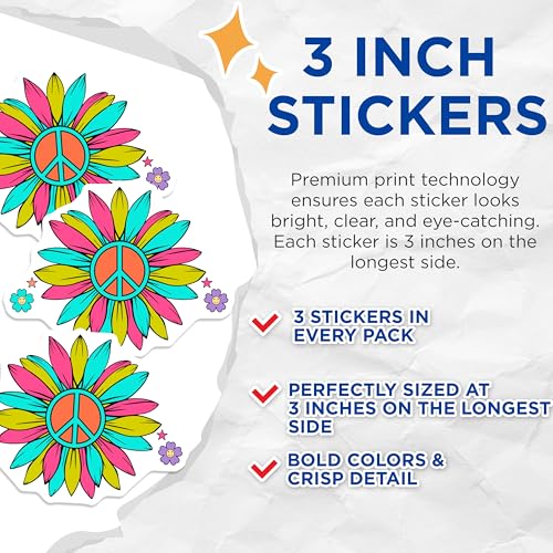 (3 Pack) Peace Sign Flower Decals - Retro Hippie Stickers - Colorful Laptop Decals - 3 Inches On Longest Side - Easy Peel & Apply - Made in USA - 3MCS7874