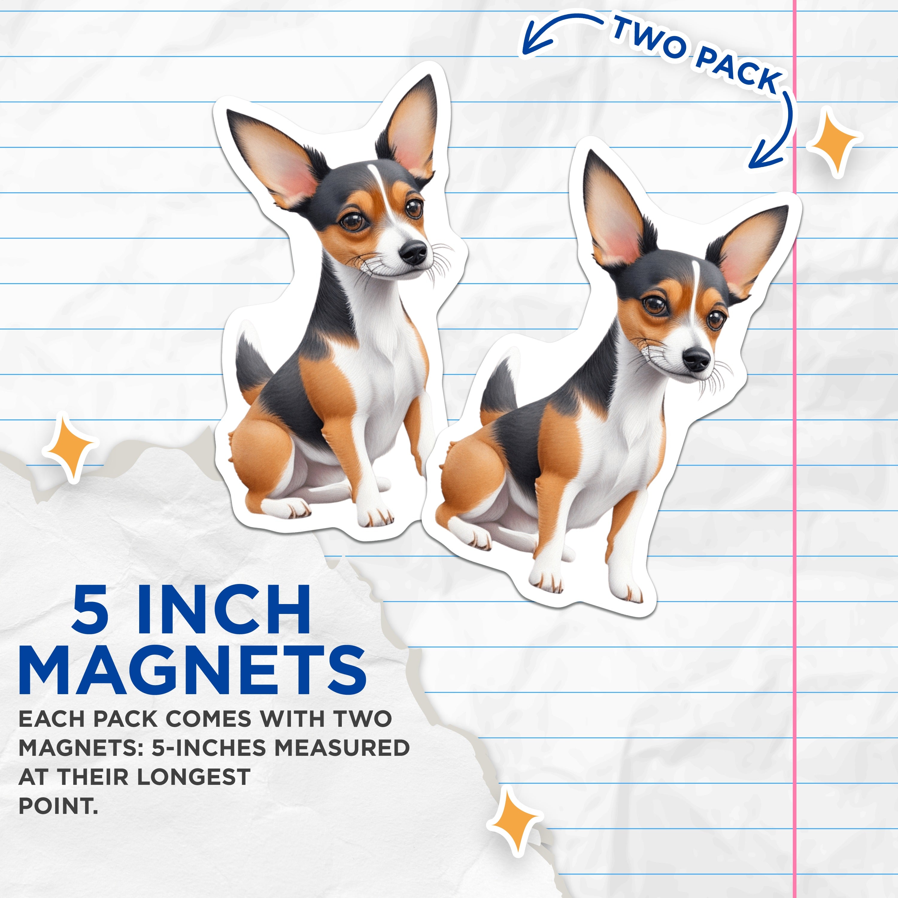 (2 Pack) Rat Terrier Magnets - Cute Dog Art - Small Breed Pet Lover Refrigerator Locker Home Accessory - 5 Inches On Longest Side - Thick Durable Magnet - Made in USA - MAG36732