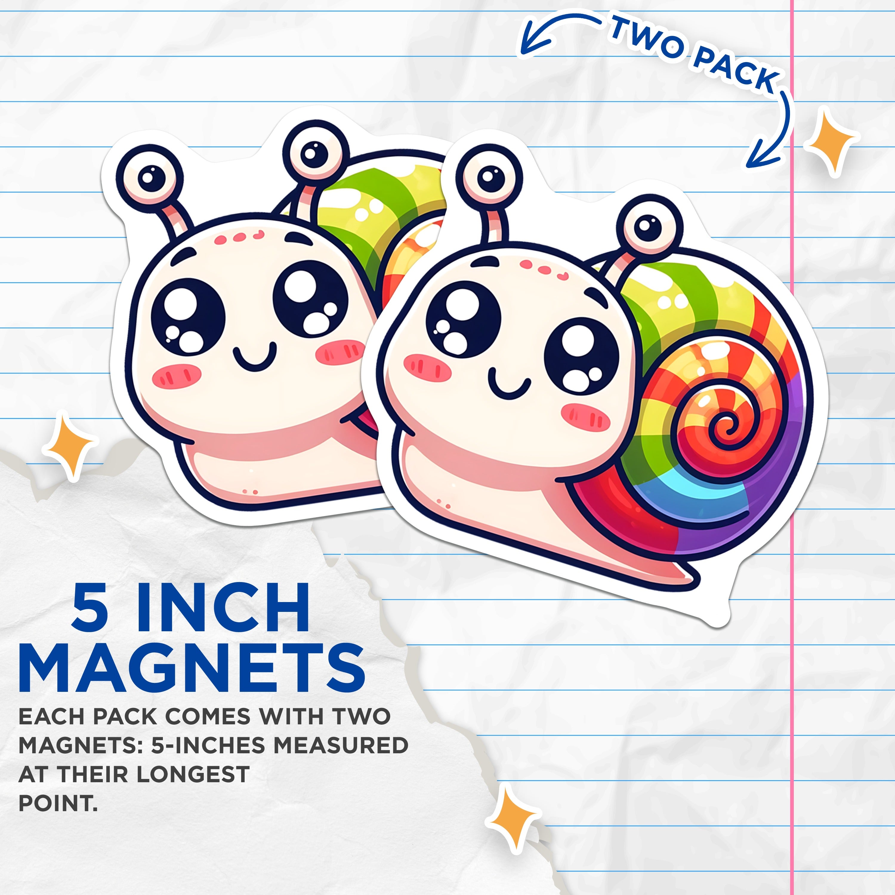 (2 Pack) Kawaii Snail Magnets - Rainbow Animal Decor - Cute Refrigerator Accessory - Locker Memo Holder - Kids Room - 5 Inches On Longest Side - Thick Durable Magnet - Made in USA - MAG38322