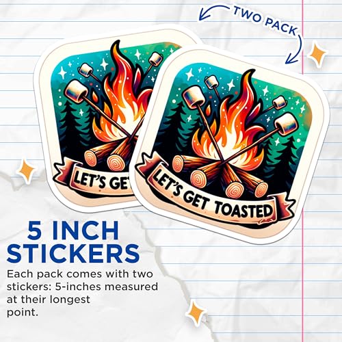 (2 Pack) Let's Get Toasted Stickers - Campfire Stickers - Marshmallow Roasting - Outdoor Adventure Stickers - 5" On Longest Side - Sticks to Smooth Flat Surfaces - Made in USA - BMCS7011
