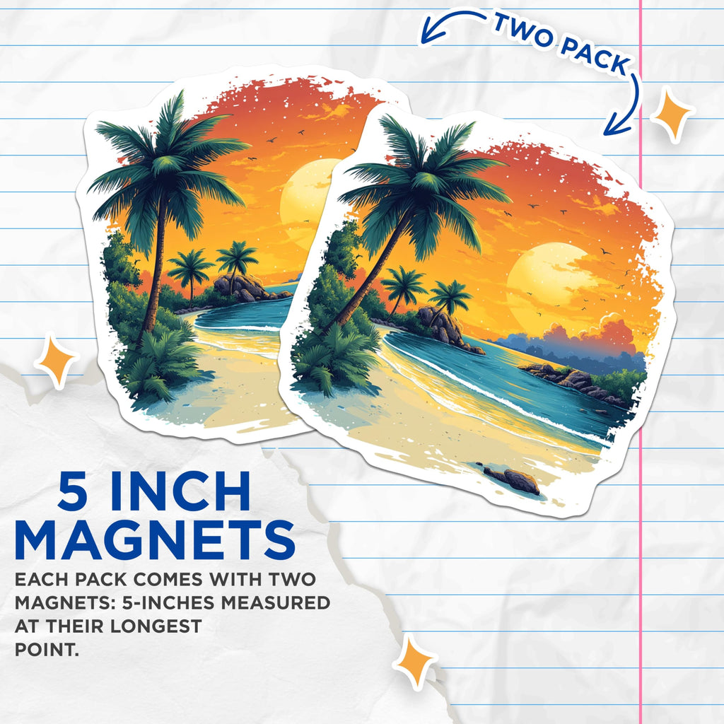 (2 Pack) Tropical Beach Scene Magnets - Sunset Horizon View - Palm Tree Ocean Decor - 5 Inches On Longest Side - Thick Durable Magnet - Made in USA - MAG25379