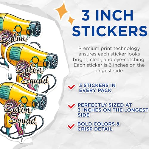 (3 Pack) Salon Squad Decals - Hairstylist Tool - Hairdresser Equipment - 3 Inches On Longest Side - Easy Peel & Apply - Made in USA - 3MCS6328