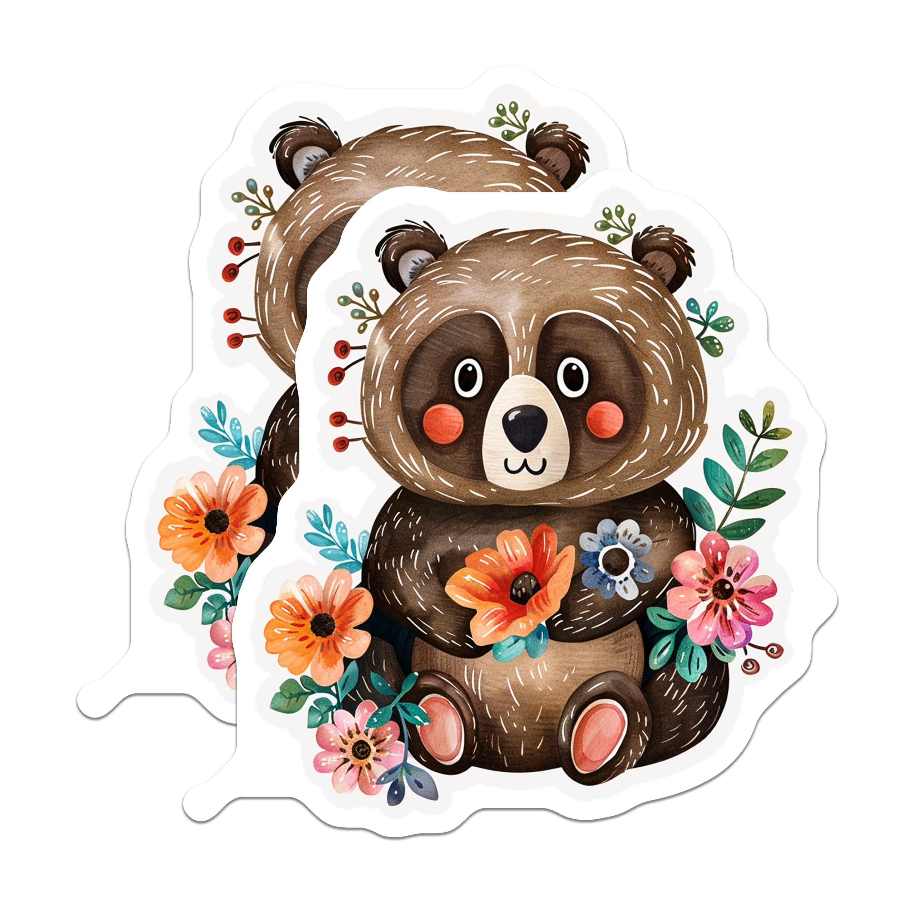 (2 Pack) Floral Bear Magnets - Woodland Nursery Decor - Kawaii Refrigerator Locker - 5 Inches On Longest Side - Thick Durable Magnet - Made in USA - MAG38028