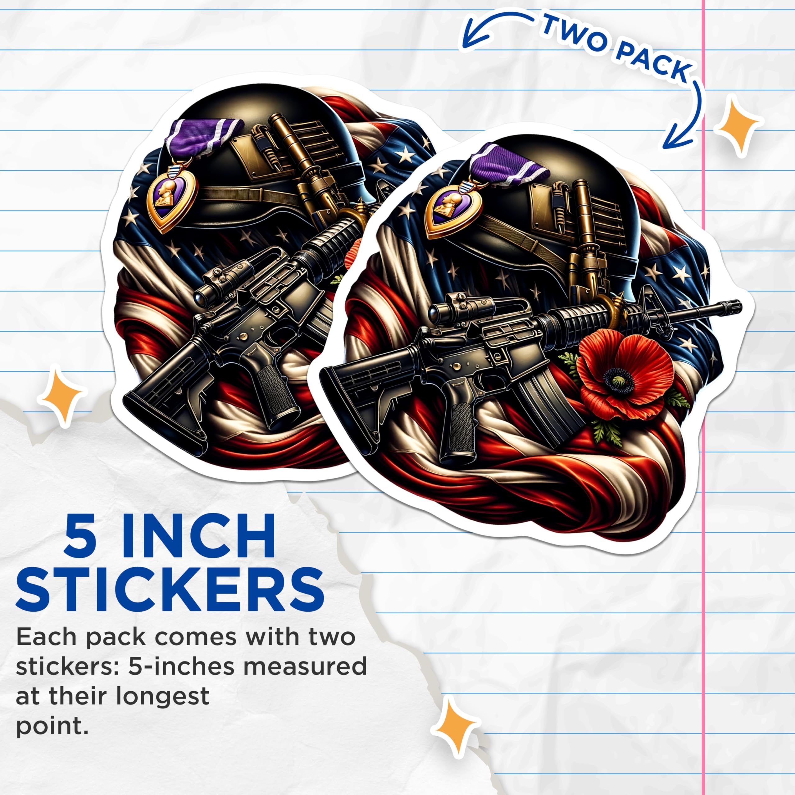 Patriotic Sticker, Military Sticker, American Flag Sticker, Purple Heart, Gun Sticker, Poppy, Veteran Sticker - 5" On Longest Side - Sticks to Smooth Flat Surfaces - Made in USA - BMCS14129