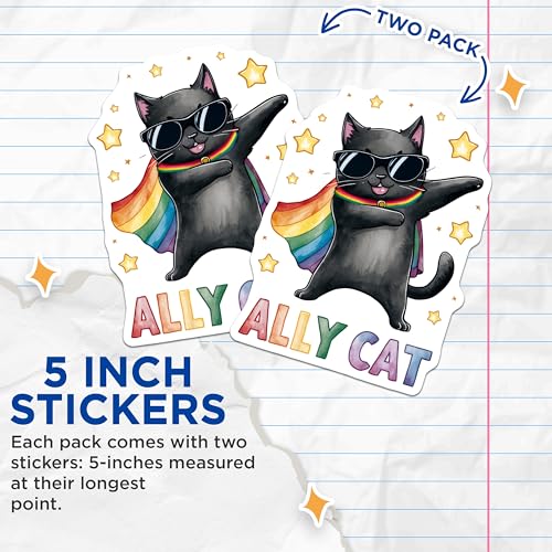 (2 Pack) Ally Cat Stickers - Cute Cat Sticker - LGBTQ Pride Sticker - 5" On Longest Side - Sticks to Smooth Flat Surfaces - Made in USA - BMCS9553