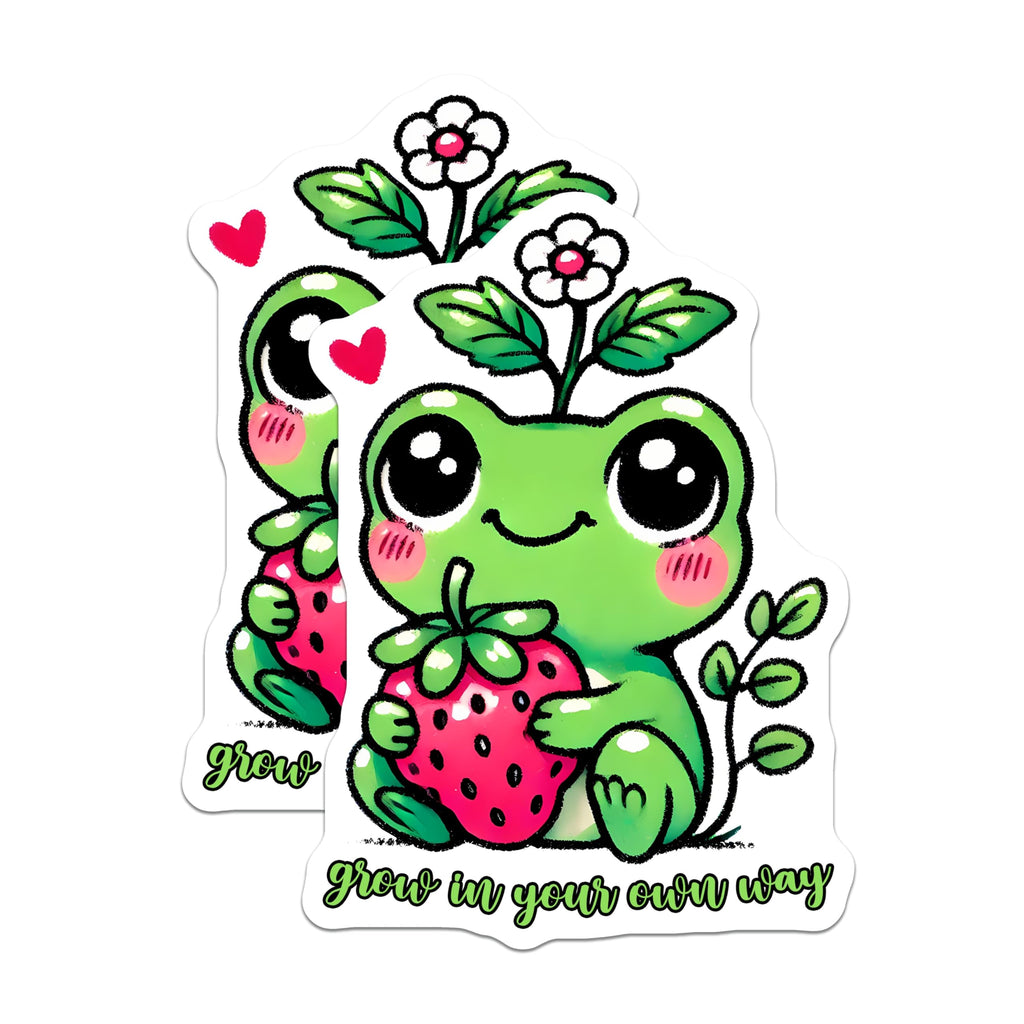 (2 Pack) Frog Magnets - Grow in Your Own Way - Frog Holding Strawberry - 5" On Longest Side - for Cars, Fridges, Toolboxes - Made in USA - MA
