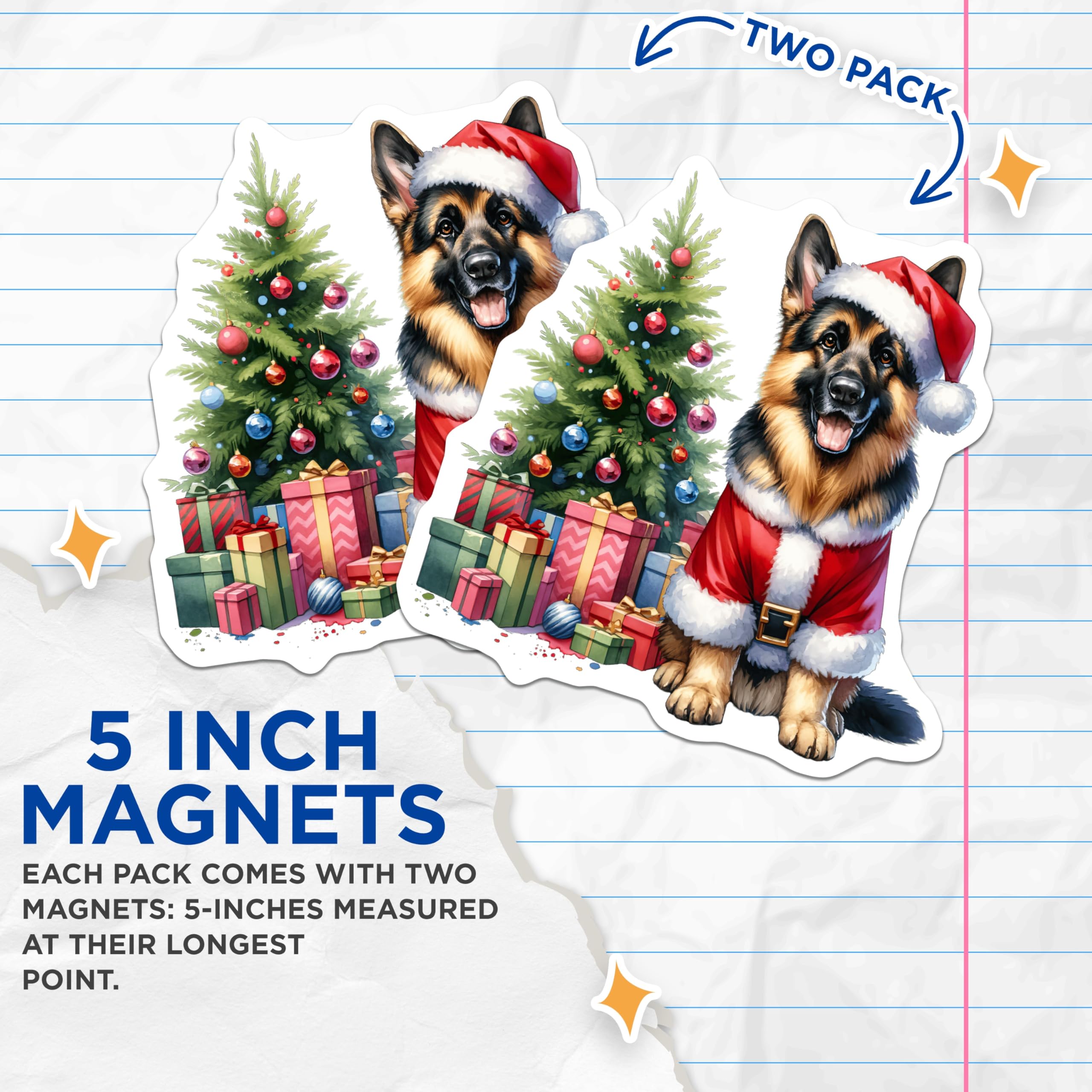 (2 Pack) German Shepherd Christmas Magnets - Santa Dog Holiday Decor - Festive Pet Fridge Magnets - 5 Inches On Longest Side - Thick Durable Magnet - Made in USA - MAG23780