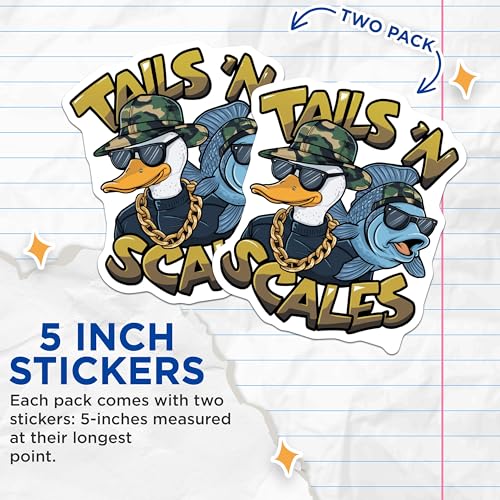 (2 Pack) Tails 'N Scales Stickers - Cool Duck Fish Stickers - Funny Animal Stickers for Kids and Adults - 5" On Longest Side - Sticks to Smooth Flat Surfaces - Made in USA - BMCS4524