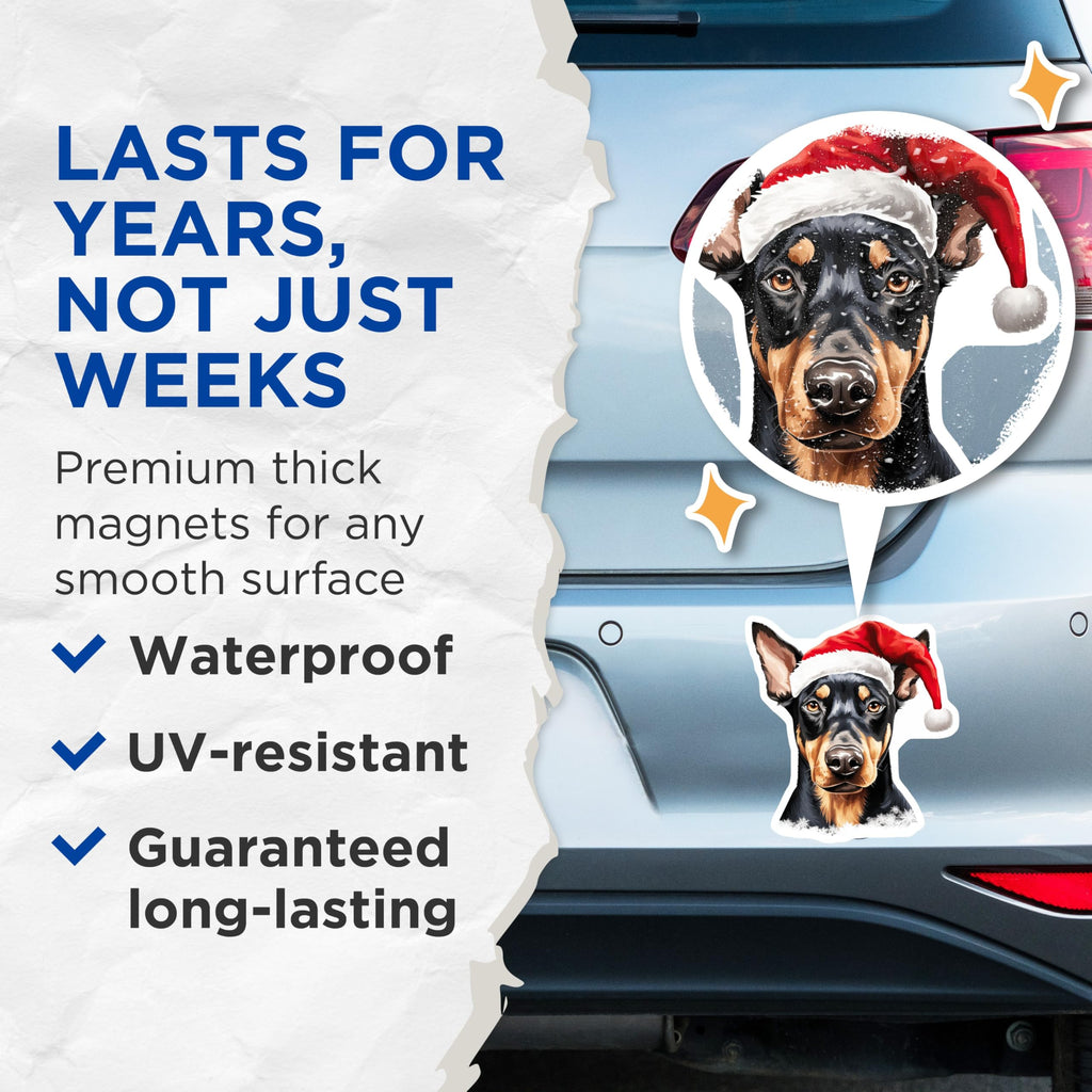 (2 Pack) Doberman Christmas Dog Magnets - Santa Hat Pet Decor - Holiday Animal Lover Items - 5 Inches On Longest Side - Thick Durable Magnet - Made in USA - MAG27089