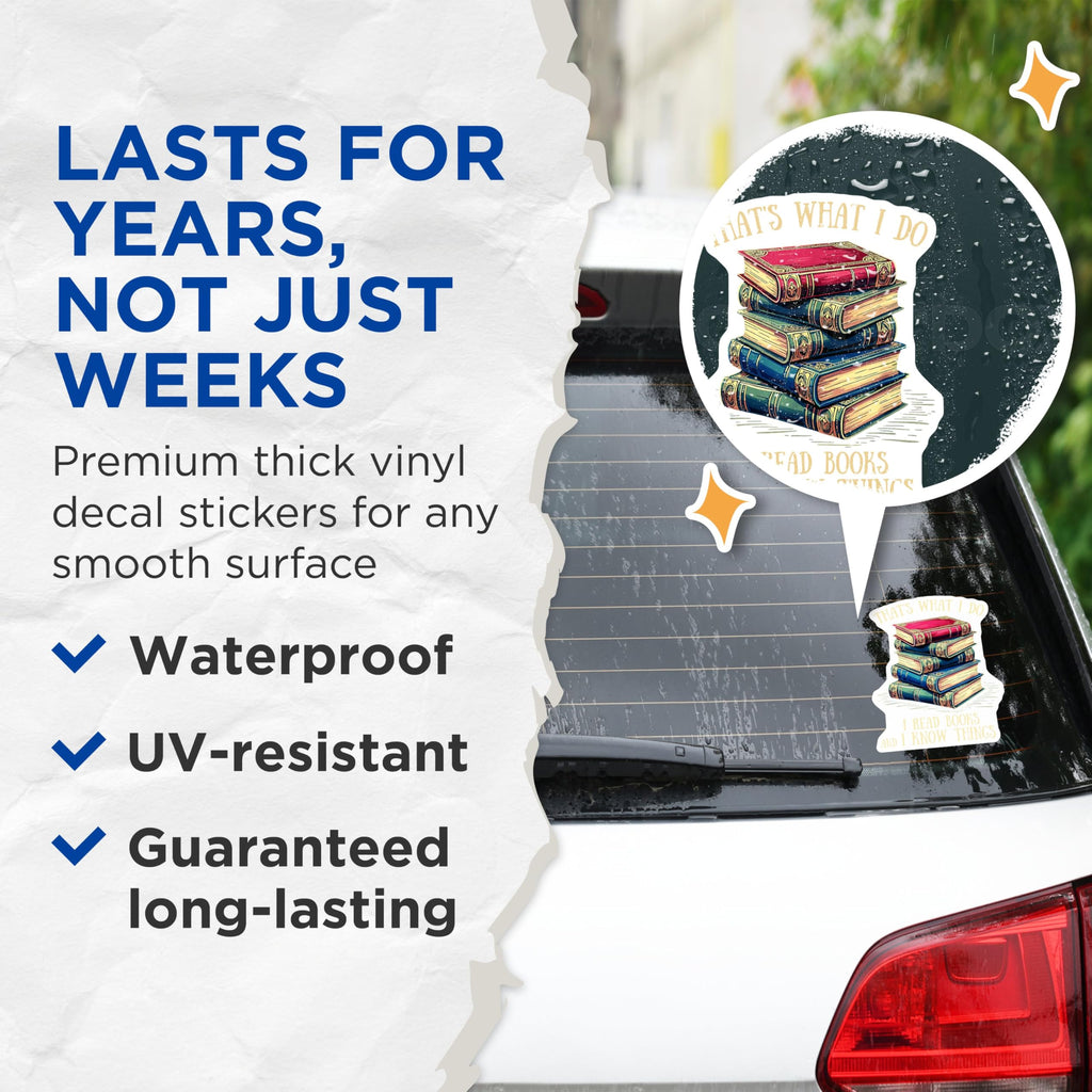 (2 Pack) Book Lover Stickers - Reading Enthusiast Stickers - I Read Books and I Know Things Decal - 5" On Longest Side - Sticks to Any Smooth Flat Surface - Made in USA - BMCS3585