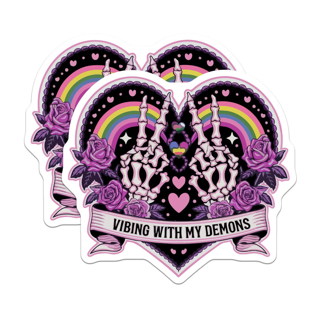 (2 Pack) Vibing with My Demons Magnets - Skeleton Hands Rainbow Goth - Pastel Alt Decor - 5 Inches On Longest Side - Thick Durable Magnet - Made in USA - MAG22165