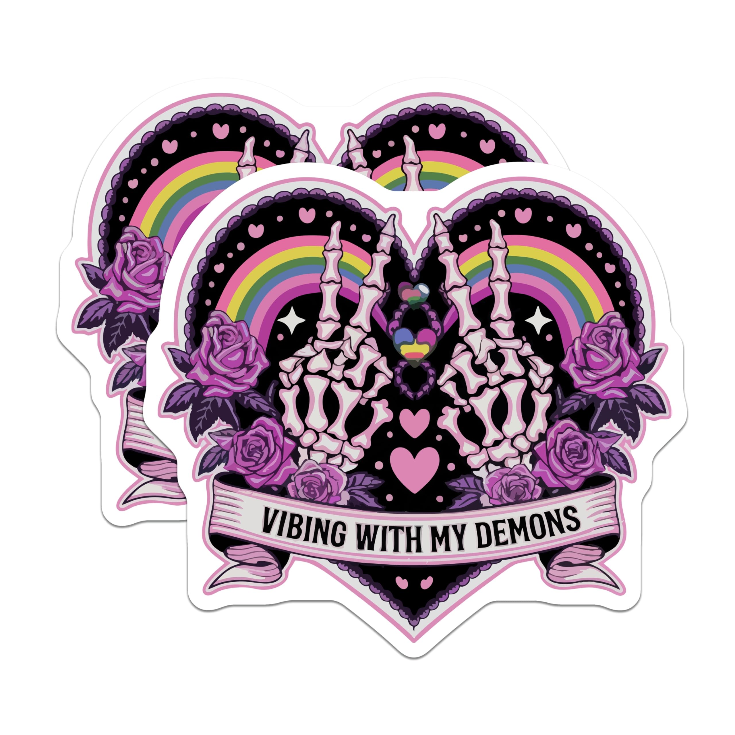 (2 Pack) Vibing with My Demons Magnets - Skeleton Hands Rainbow Goth - Pastel Alt Decor - 5 Inches On Longest Side - Thick Durable Magnet - Made in USA - MAG22165