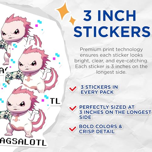 (3 Pack) Axolotl Gamer Decals - Cute Salamander - Funny Gaming Decals - 3 Inches On Longest Side - Easy Peel & Apply - Made in USA - 3MCS6555