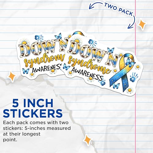 (2 Pack) Down Syndrome Awareness Stickers - Support Decal - Awareness Ribbon - 5" On Longest Side - Sticks to Smooth Flat Surfaces - Made in USA - BMCS8211