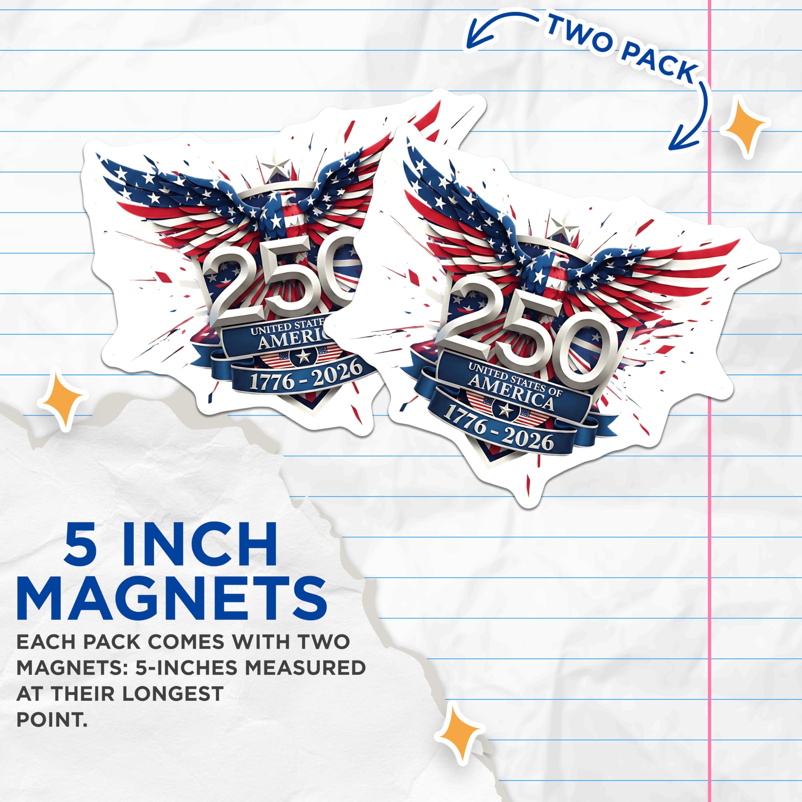 (2 Pack) 250th Anniversary USA Magnets - Patriotic Eagle 1776-2026 - American Heritage Collectible - 5 Inches On Longest Side - Thick Durable Magnet - Made in USA - MAG254