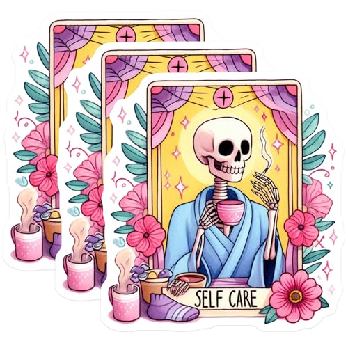 (3 Pack) Self Care Tarot Decals - Skeleton Smoking - Relaxing Vibes - 3 Inches On Longest Side - Easy Peel & Apply - Made in USA - 3MCS8212