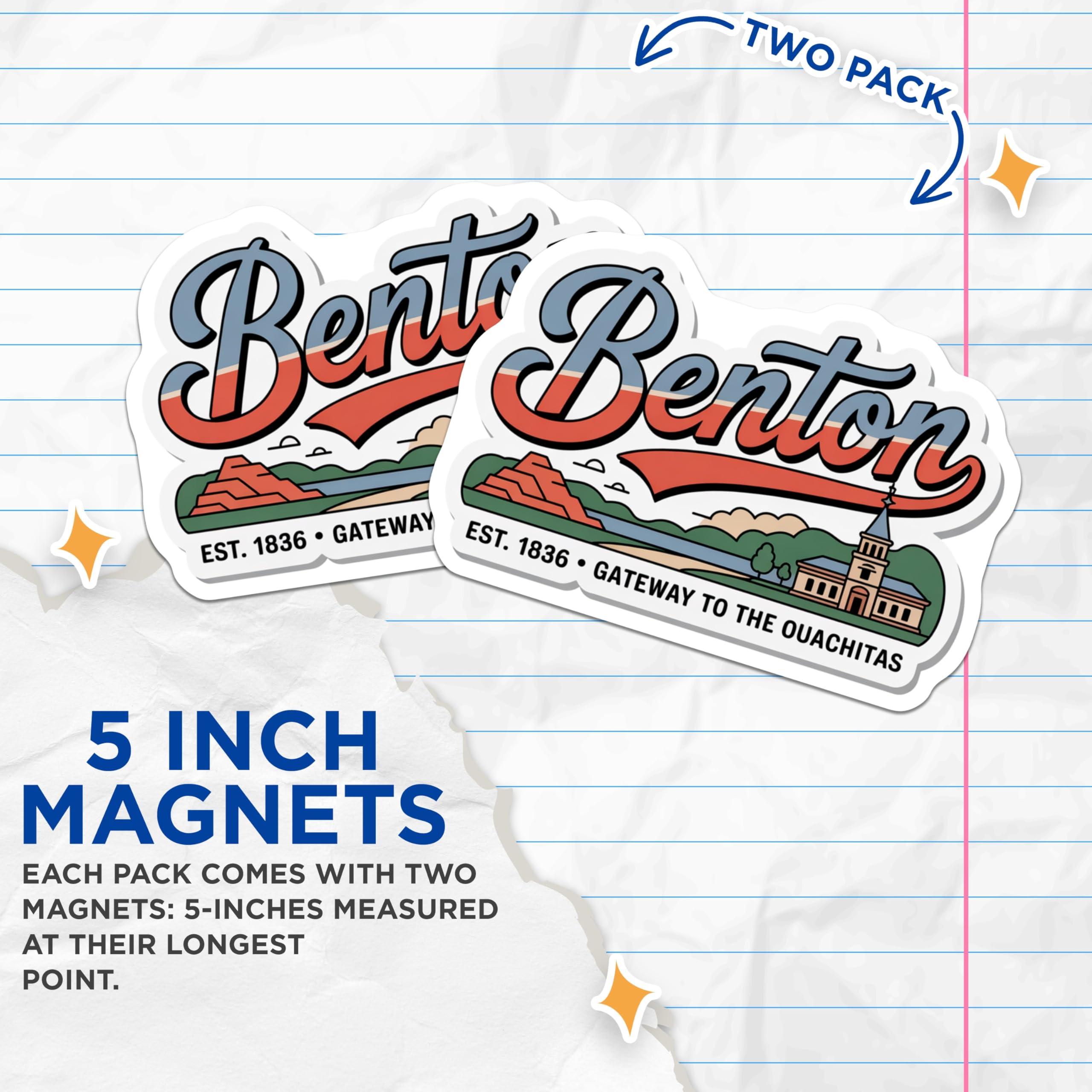 (2 Pack) Benton Arkansas Magnets - City Souvenir - Gateway to The Ouachitas - 5" On Longest Side - Premium Magnet - for Cars, Refrigerators, Toolboxes, Lockers - Made in USA - MAG18806