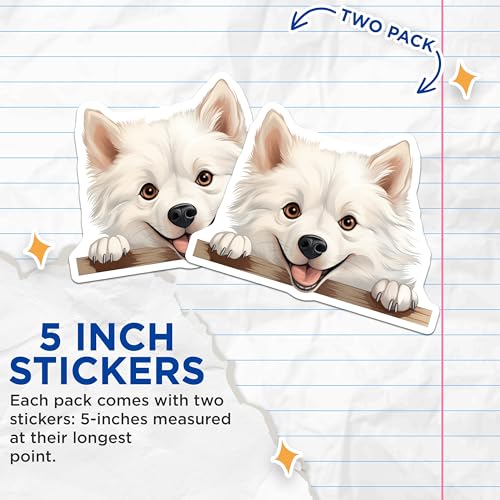 (2 Pack) Cute Dog Stickers - Fluffy White Pup - Adorable Animal Illustration - 5" On Longest Side - Sticks to Smooth Flat Surfaces - Made in USA - BMCS9821