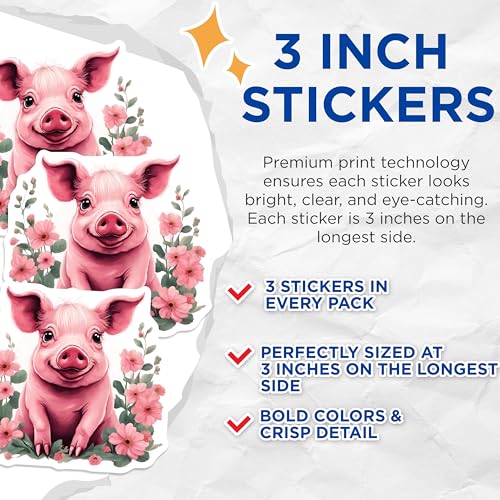 (3 Pack) Pink Pig Decals - Floral Piglet Stickers - Cute Animal Art - 3 Inches On Longest Side - Easy Peel & Apply - Made in USA - 3MCS2190