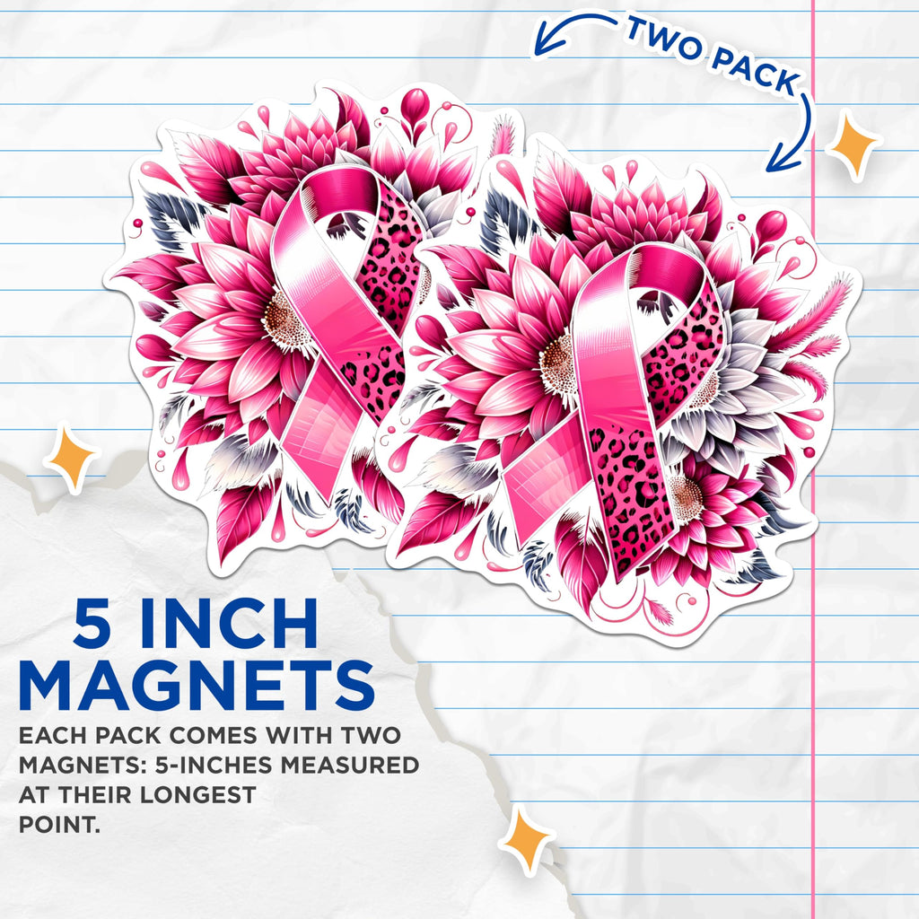(2 Pack) Pink Cheetah Ribbon Breast Cancer Awareness Magnets - 5 Inches On Longest Side - Premium Magnet - for Cars, Refrigerators, Toolboxes - Made in USA - MAG2095