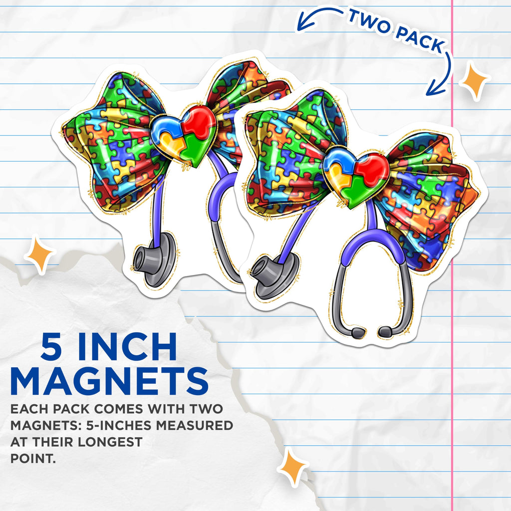 (2 Pack) Autism Awareness Magnets - Stethoscope Puzzle Heart - Neurodiversity Ally Decor - 5 Inches On Longest Side - Thick Durable Magnet - Made in USA - MAG30643