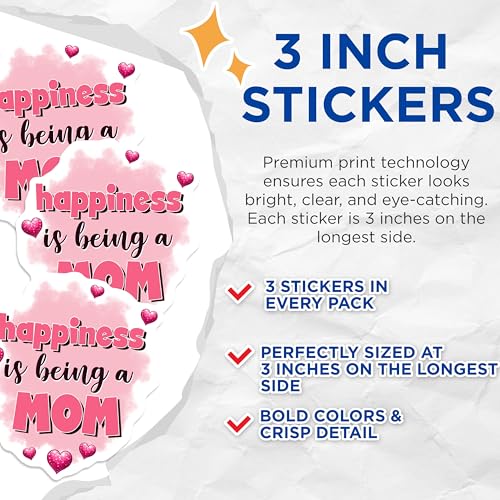 (3 Pack) Mom Life Decals - Happiness Mom - Motherhood Stickers - Laptop Decals - 3 Inches On Longest Side - Easy Peel & Apply - Made in USA - 3MCS6955