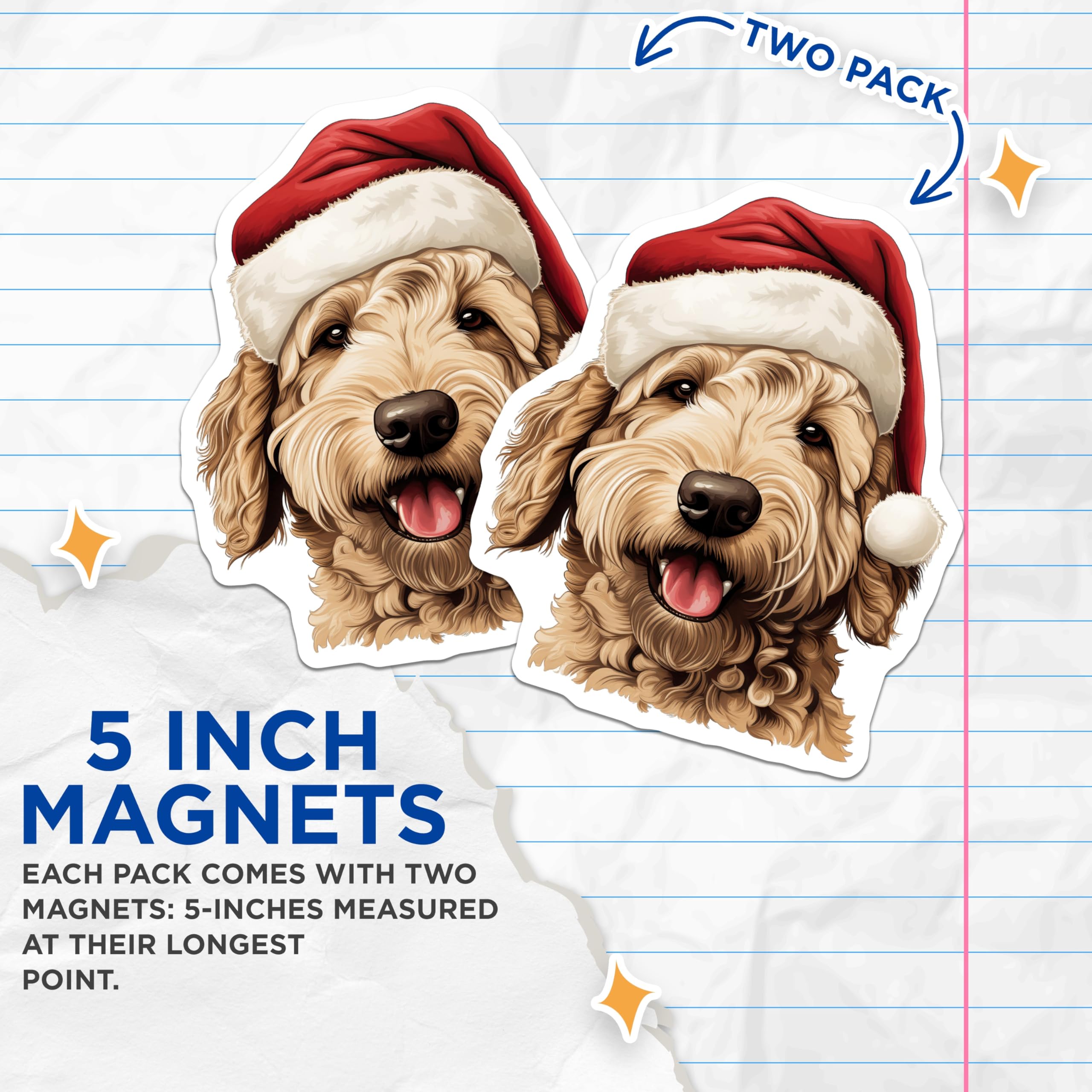 (2 Pack) Christmas Doodle Dog Magnets - Santa Hat Goldendoodle - Holiday Pet Decor - Dog Lover Stocking Stuffer - 5 Inches On Longest Side - Thick Durable Magnet - Made in USA - MAG28421