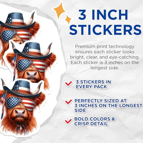 (3 Pack) Highland Cow Decals - Patriotic Cow - American Flag Decor- 3 Inches On Longest Side - Easy Peel & Apply - Made in USA - 3MCS5120