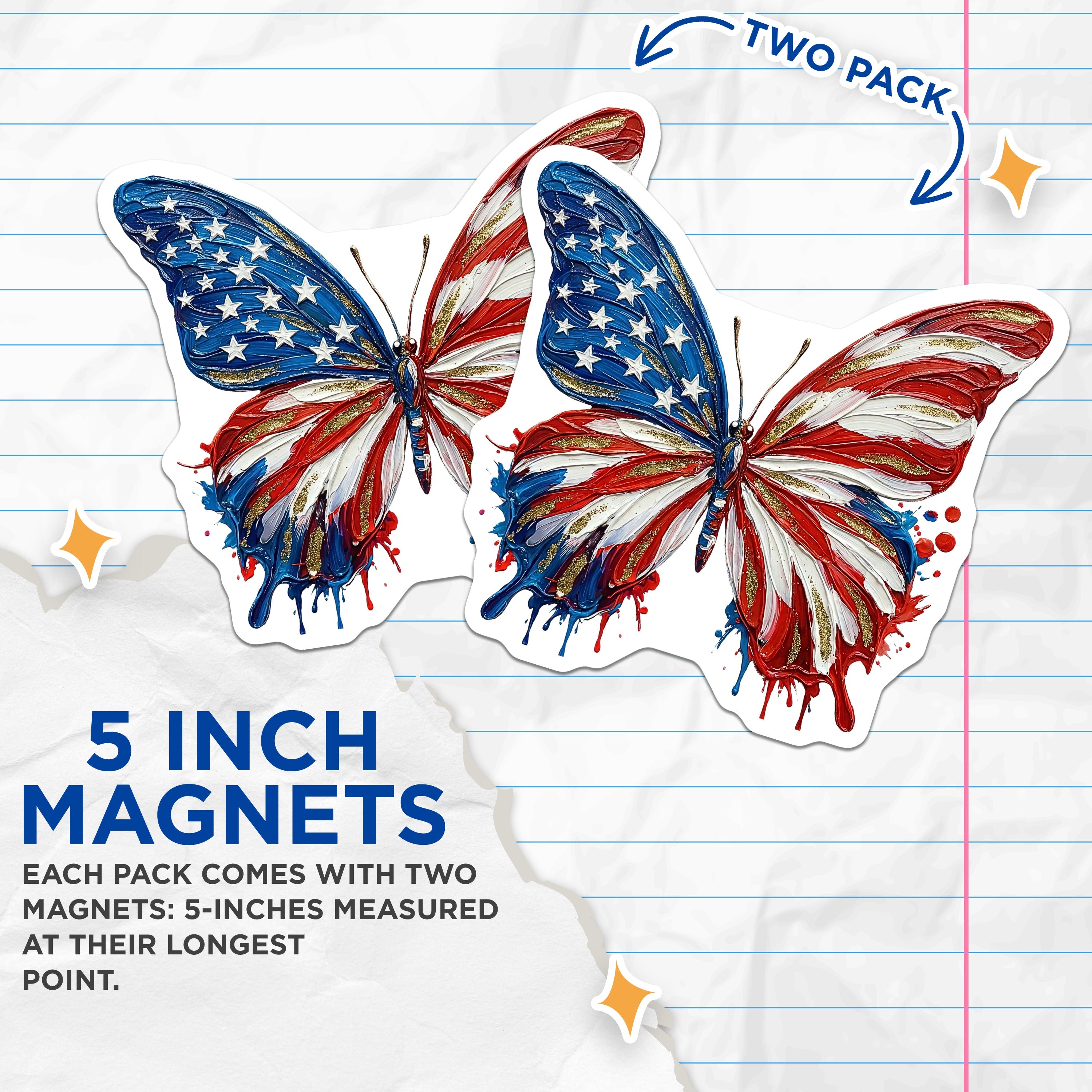 (2 Pack) American Flag Butterfly Magnets - Patriotic Home Decor Display - Independence Day Kitchen Accents - Veterans Day - 5 Inches On Longest Side - Thick Durable Magnet - Made in USA - MAG38136