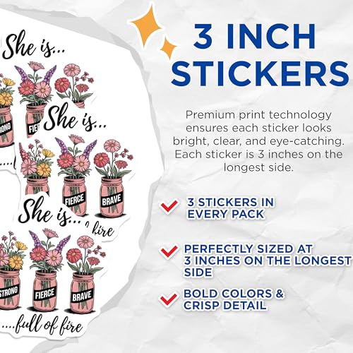 (3 Pack) Empowering Woman Decals - Strong Fierce Brave - Floral Jar Art Decals- 3 Inches On Longest Side - Easy Peel & Apply - Made in USA - 3MCS5410