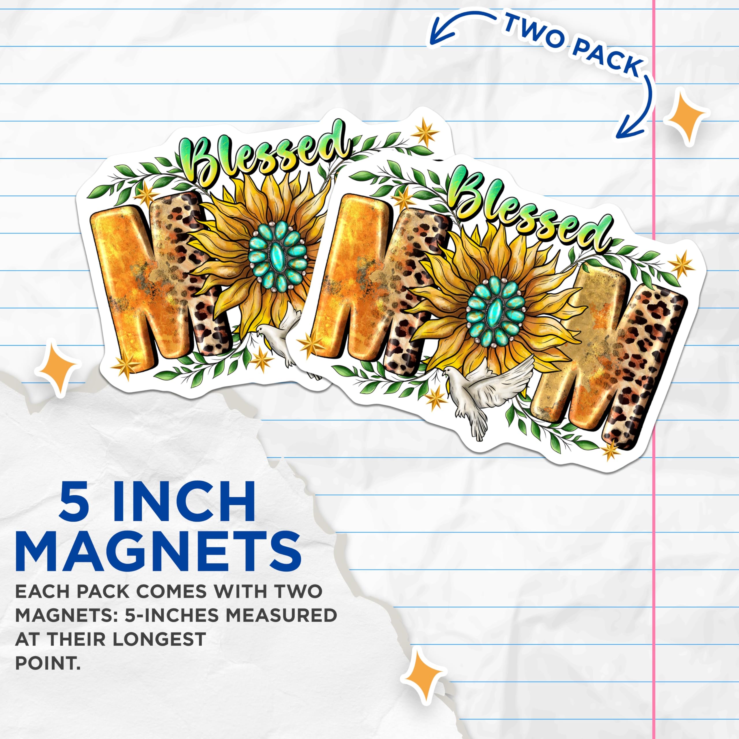 (2 Pack) Blessed Mom Magnets - Sunflower Leopard Print Western Decor - Christian Mother's Day Birthday Mom - 5 Inches On Longest Side - Thick Durable Magnet - Made in USA - MAG28601