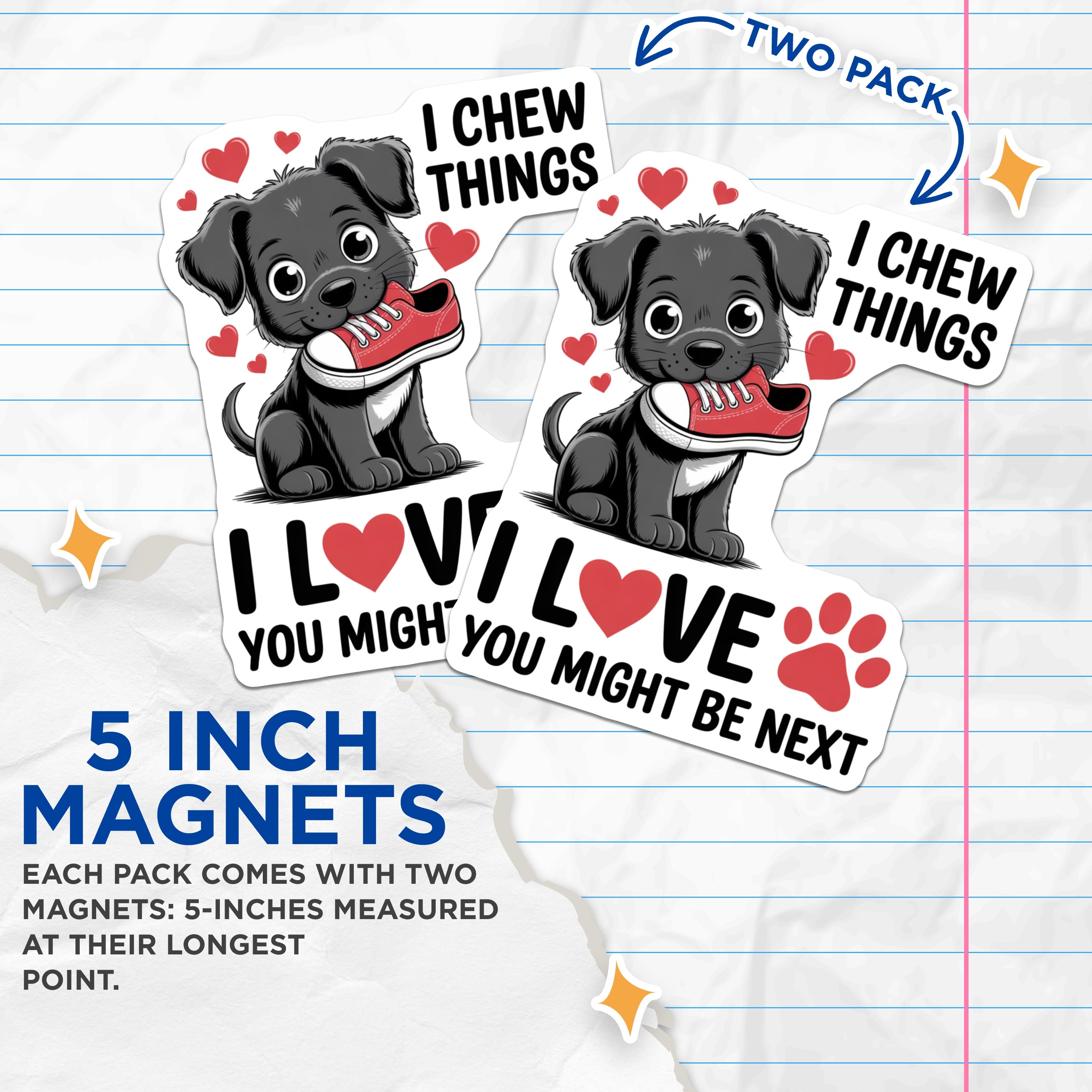 (2 Pack) Funny Puppy Magnets - Dog Chewing Shoe - Pet Lover Humor - Refrigerator Decor - 5 Inches On Longest Side - Thick Durable Magnet - Made in USA - MAG37218