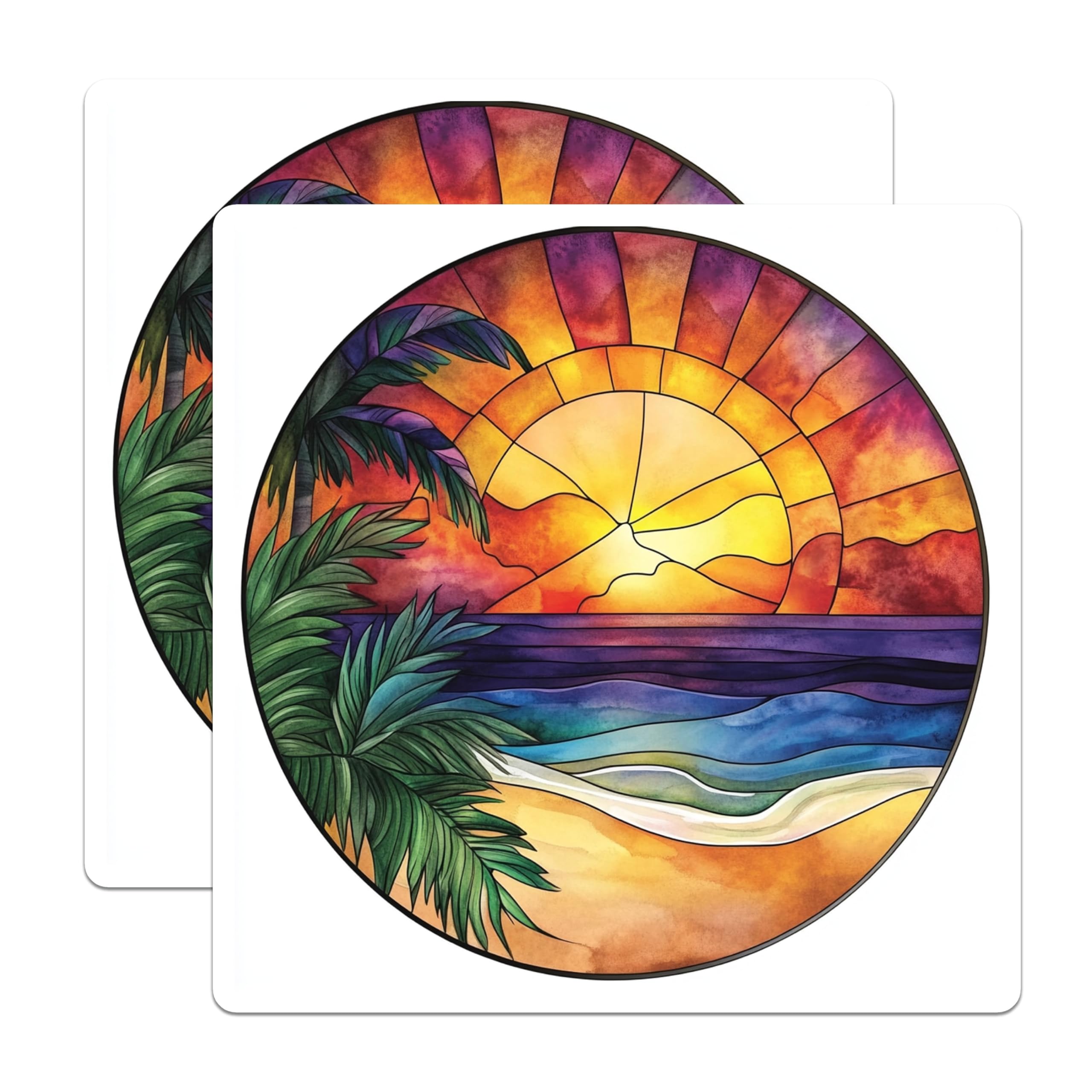 (2 Pack) Tropical Sunset Magnets - Stained Glass Beach Scene - Coastal Aesthetic Decor - 5 Inches On Longest Side - Thick Durable Magnet - Made in USA - MAG28661