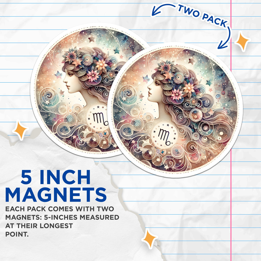 (2 Pack) Virgo Zodiac Magnets - Celestial Woman Art - Astrology Birthday Decor - Spiritual Aesthetic - 5 Inches On Longest Side - Thick Durable Magnet - Made in USA - MAG37036