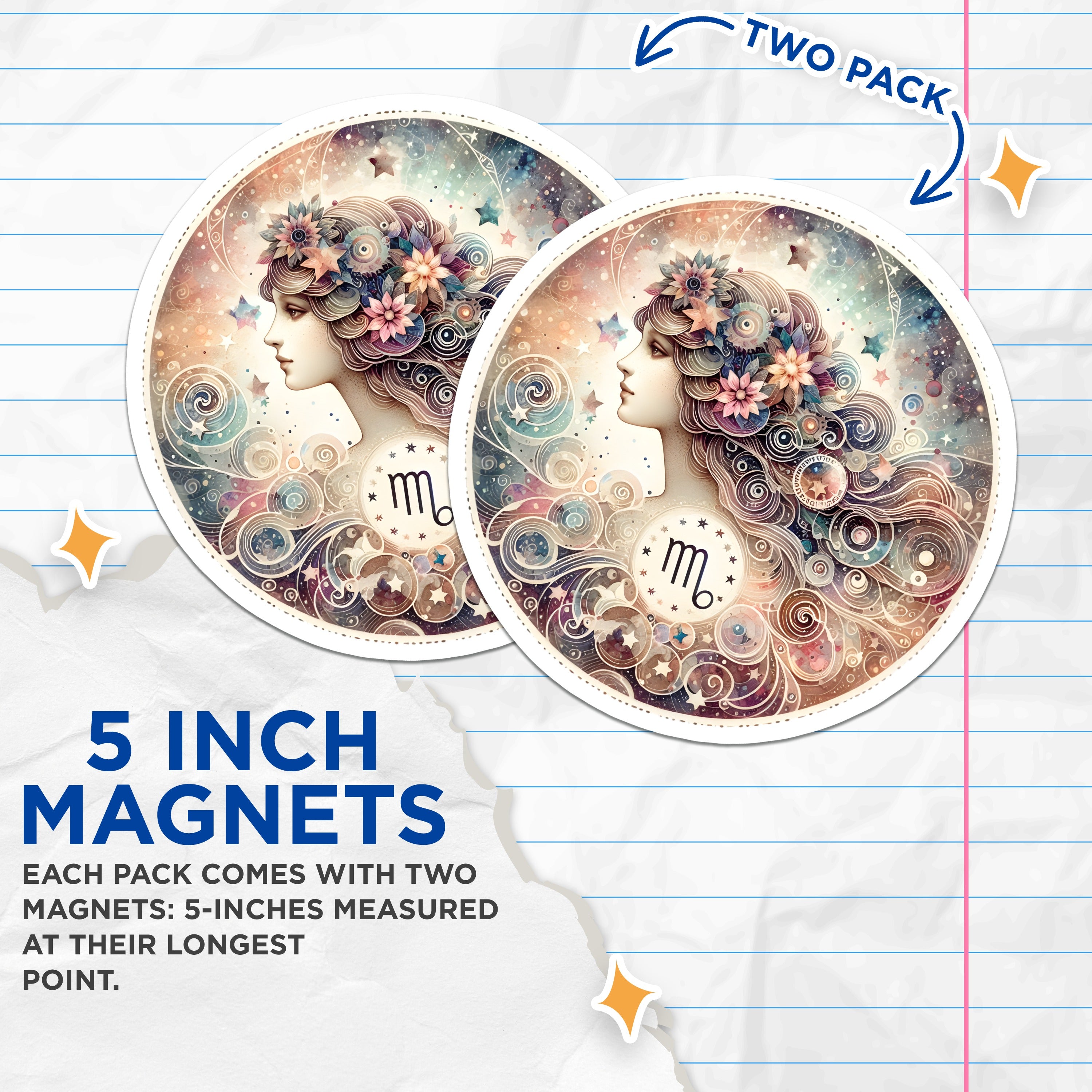 (2 Pack) Virgo Zodiac Magnets - Celestial Woman Art - Astrology Birthday Decor - Spiritual Aesthetic - 5 Inches On Longest Side - Thick Durable Magnet - Made in USA - MAG37036