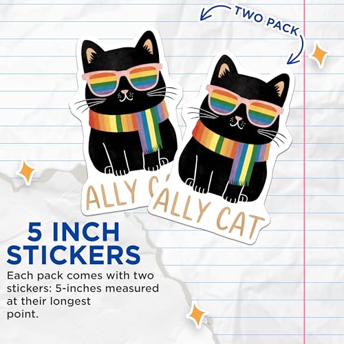 (2 Pack) Ally Cat Stickers - Rainbow Cat - LGBTQ Pride - 5" On Longest Side - Sticks to Smooth Flat Surfaces - Made in USA - BMCS9543