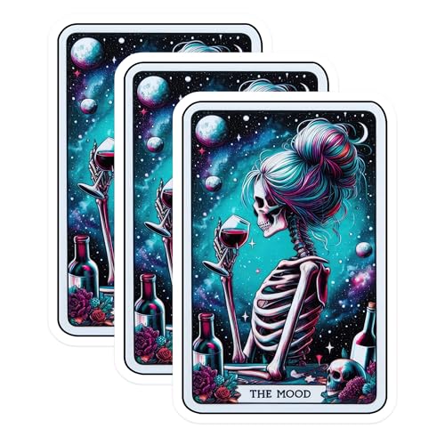 (3 Pack) Skeleton Wine Decals - Funny Drinking - Tarot Card Art Decals - 3 Inches On Longest Side - Easy Peel & Apply - Made in USA - 3MCS4225