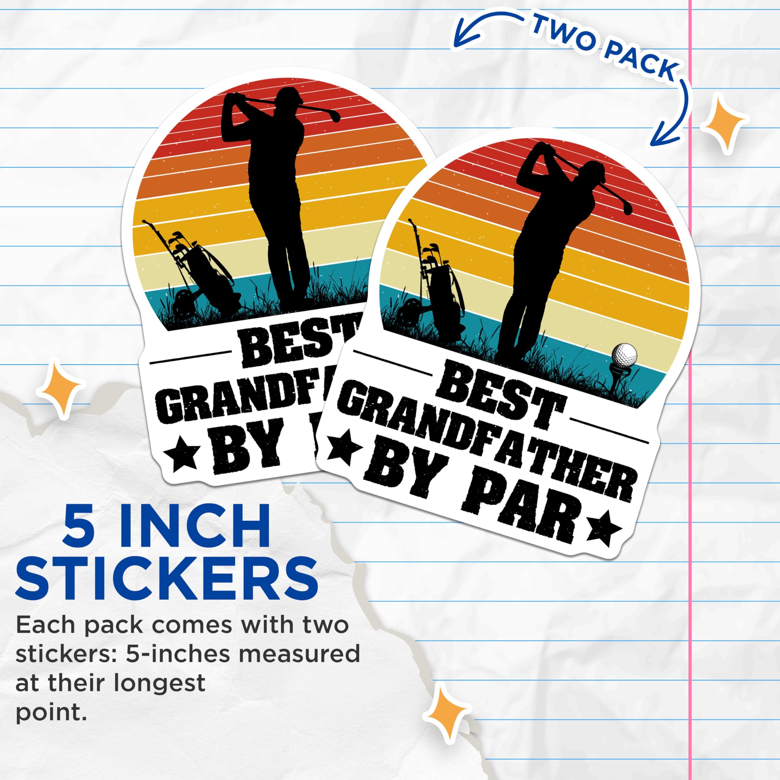 (2 Pack) Best Grandfather by Par Stickers - Golf Grandpa Stickers - Vintage Golf Stickers - 5" On Longest Side - Sticks to Smooth Flat Surfaces - Made in USA - BMCS3873