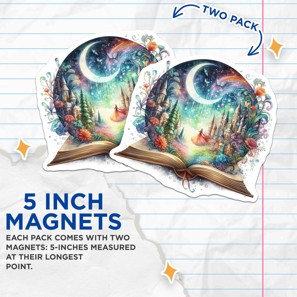 (2 Pack) Fantasy Book Magnets - Fairytale Castle Art - Watercolor Dreamscape - Reader Fridge Decor - 5 Inches On Longest Side - Thick Durable Magnet - Made in USA - MAG37319