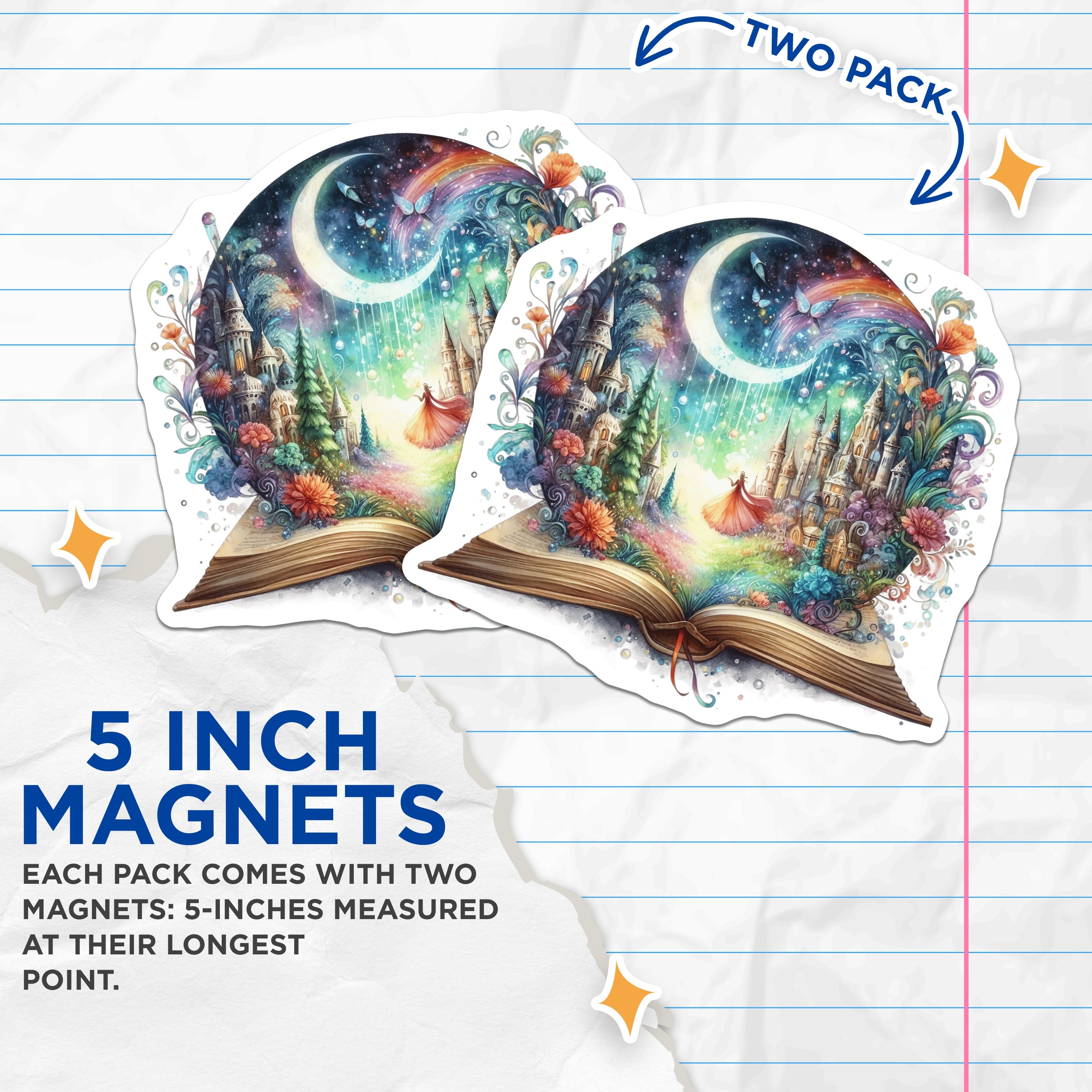 (2 Pack) Fantasy Book Magnets - Fairytale Castle Art - Watercolor Dreamscape - Reader Fridge Decor - 5 Inches On Longest Side - Thick Durable Magnet - Made in USA - MAG37319