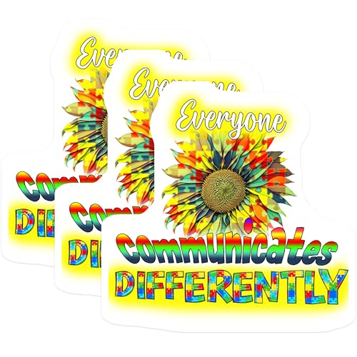 (3 Pack) Autism Awareness Decals - Sunflower Decal - Everyone Communicates Differently Decal- 3 Inches On Longest Side - Easy Peel & Apply - Made in USA - 3MCS5921