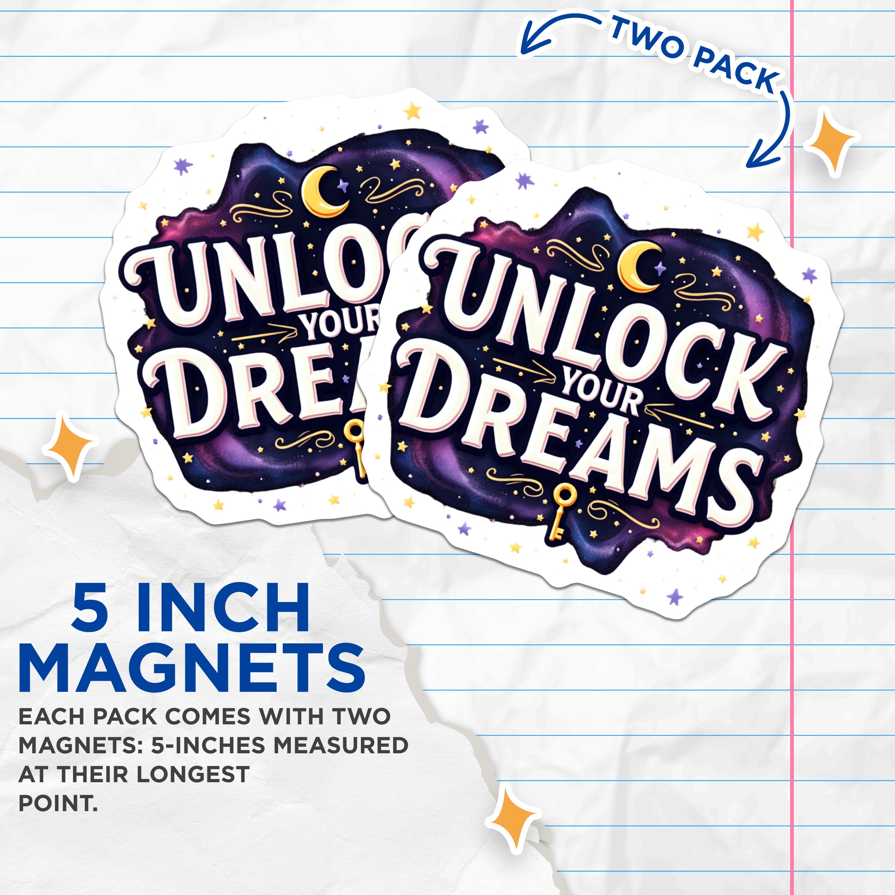 (2 Pack) Unlock Your Dreams Magnets - Inspirational Quote - Celestial Galaxy Decor - Motivational Fridge Locker Decor - 5 Inches On Longest Side - Thick Durable Magnet - Made in USA - MAG38584