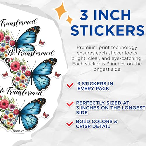 (3 Pack) Butterfly Decals - Floral Butterfly - Be Transformed Romans 12 2 Scripture Decal - 3 Inches On Longest Side - Easy Peel & Apply - Made in USA - 3MCS1627